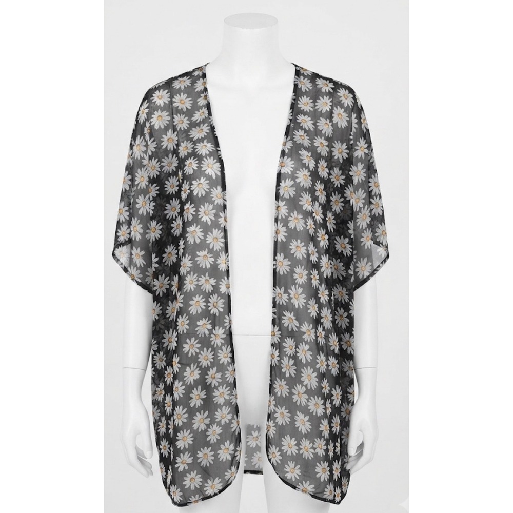 Full Tilt Chiffon Kimono Cardigan M Blk Daisy Floral Sheer 90s Grunge Revival